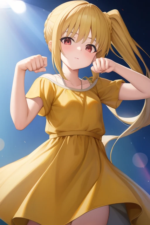 (masterpiece, highest quality:1.2), Blonde girl with red eyes,
 Side Ponytail, Full Bang, 	casual dress,paw pose
,Looks confused, on stage, 
Super detaileded, highest quality, Expressive eyes, Perfect Face, super high quality, Super detailed