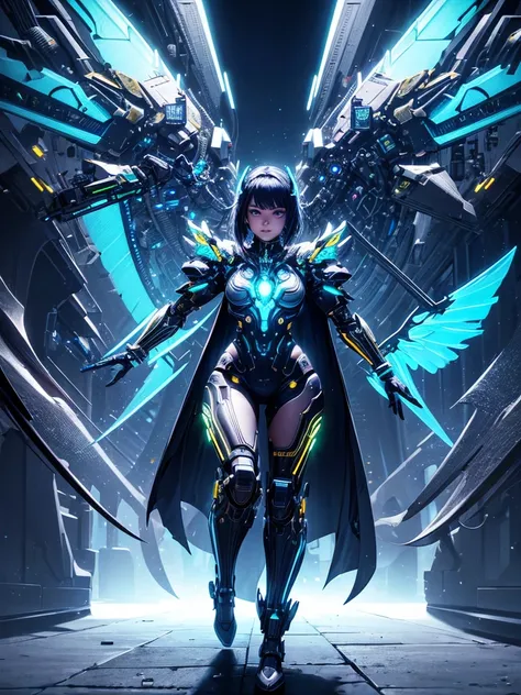 1girl, intricate mechanical wings, futuristic cyborg, glowing neon circuits, intricate metallic details, gleaming chrome, dramatic pose, digital art, cinematic lighting, vibrant colors, hyperrealistic, photorealistic, 8k, highly detailed, masterpiece