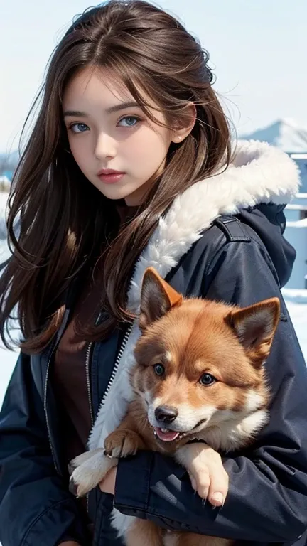 20-year-old woman, semi-long, Brown Hair, Blue Eyes, Fur jacket, Put on the hood, Natural skin texture, Cold regions, High Contrast, Two shepherd dogs, 