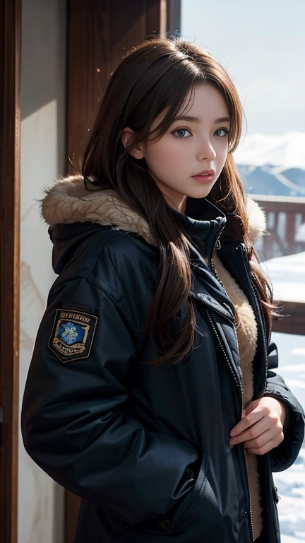 20-year-old woman, semi-long, Brown Hair, Blue Eyes, Fur jacket, Put on the hood, Natural skin texture, Cold regions, High Contrast, Two shepherd dogs, 