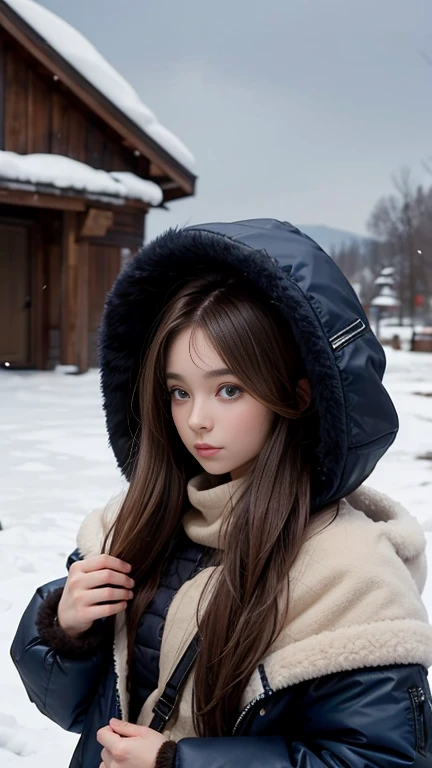 20-year-old woman, semi-long, Brown Hair, Blue Eyes, Fur jacket, Put on the hood, Natural skin texture, Cold regions, High Contrast, Two shepherd dogs, 