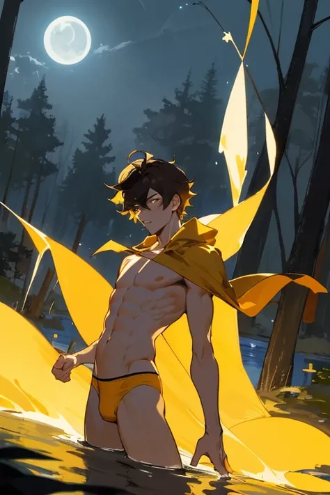 Beste-Qualit, master piece, ultra highres, detailed background, Realstic, solo, young guy, Warm up, Zagreus, 18 years, Yellow briefs, without outerwear, bare top,  slender body, immature, immature male, ash hair, the forest, night, Moonlight, lake