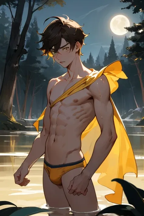 Beste-Qualit, master piece, ultra highres, detailed background, Realstic, solo, young guy, Warm up, Zagreus, 18 years, Yellow briefs, without outerwear, bare top,  slender body, immature, immature male, ash hair, the forest, night, Moonlight, lake