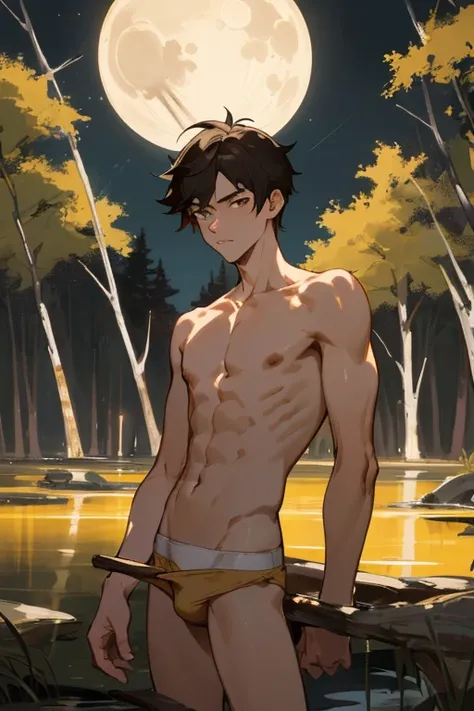 Beste-Qualit, master piece, ultra highres, detailed background, Realstic, solo, young guy, Warm up, Zagreus, 18 years, Yellow briefs, without outerwear, bare top,  slender body, immature, immature male, ash hair, the forest, night, Moonlight, lake