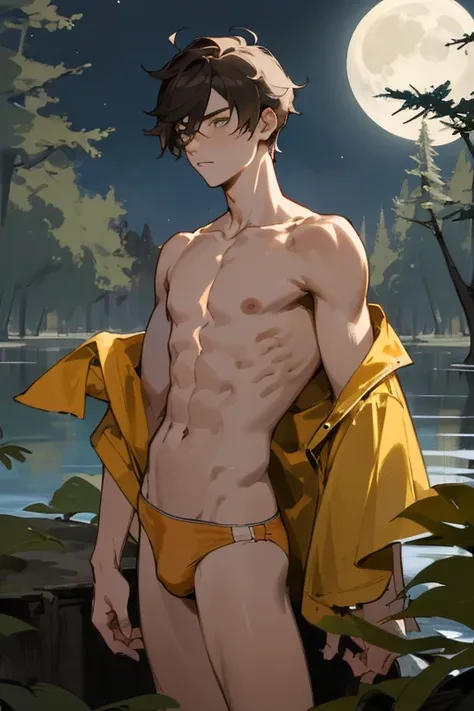 Beste-Qualit, master piece, ultra highres, detailed background, Realstic, solo, young guy, Warm up, Zagreus, 18 years, Yellow briefs, without outerwear, bare top,  slender body, immature, immature male, ash hair, the forest, night, Moonlight, lake