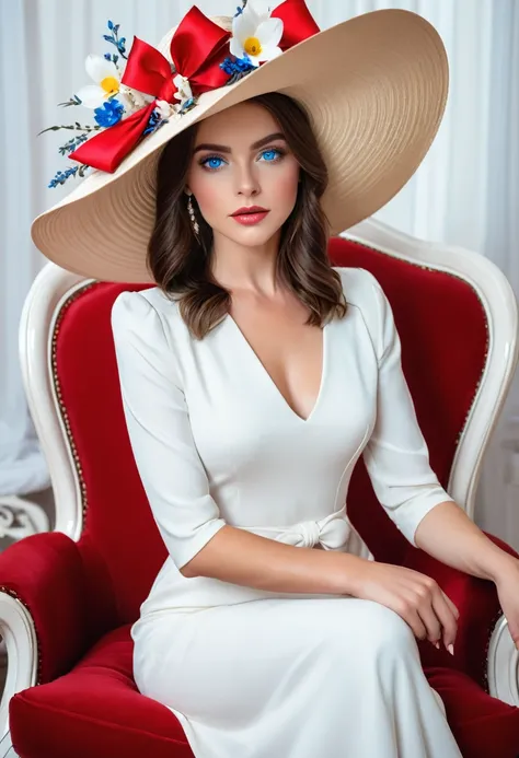 A beautiful woman with blue eyes and brown hair, vestida con un elegante vestido blanco y un sombrero con flores. She is sitting on a red chair and has a blue bow on her hat..