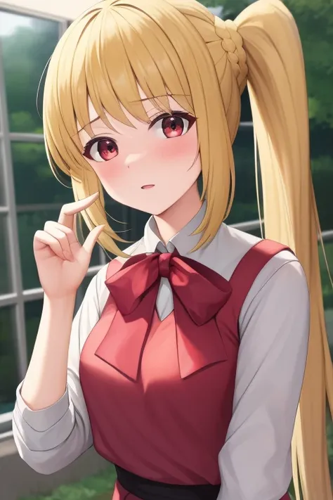 (masterpiece, highest quality:1.2), blonde girl with red eyes,
 side ponytail, full bang,blouse,dynamic pose
,embarrassed, schoo...