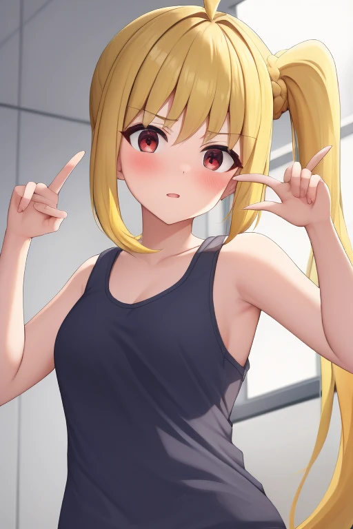 (masterpiece, highest quality:1.2), Blonde girl with red eyes,
 Side Ponytail, Full Bang,tank top,dynamic pose
,Embarrassed, School, 
Super detaileded, highest quality, Expressive eyes, Perfect Face, super high quality, Super detailed