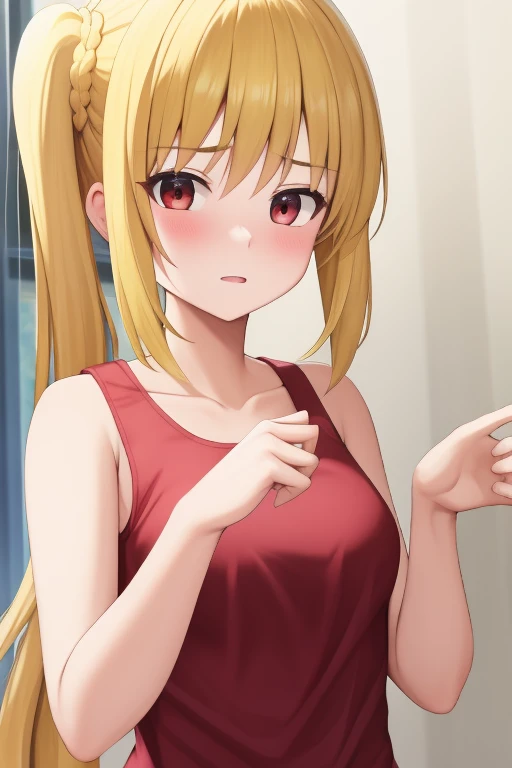 (masterpiece, highest quality:1.2), Blonde girl with red eyes,
 Side Ponytail, Full Bang,tank top,dynamic pose
,Embarrassed, School, 
Super detaileded, highest quality, Expressive eyes, Perfect Face, super high quality, Super detailed