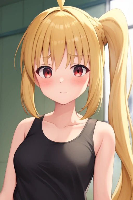 (masterpiece, highest quality:1.2), Blonde girl with red eyes,
 Side Ponytail, Full Bang,tank top,dynamic pose
,Embarrassed, School, 
Super detaileded, highest quality, Expressive eyes, Perfect Face, super high quality, Super detailed