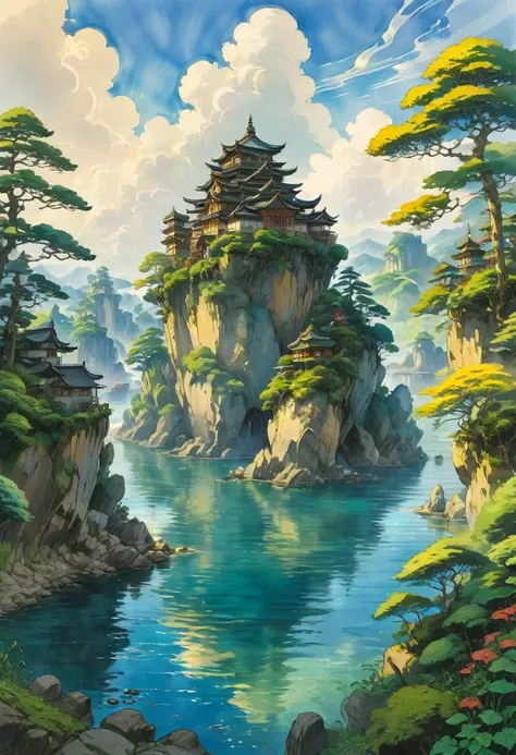 Watercolor Landscape, by Studio Ghibli, best quality, masterpiece, very aesthetic, perfect composition, intricate details, ultra-detailed