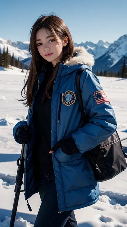 20-year-old woman, semi-long, Brown Hair, Blue Eyes, Fur jacket, Wear the hood deeply, Natural skin texture, Cold regions, High Contrast, Mountain dogs, nice smile, uniform, Mp5A5, SPAS12, Girls with firearms,