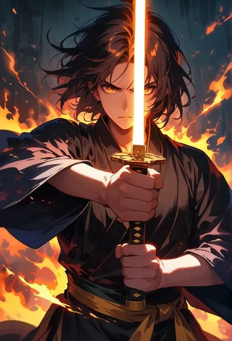 dark atmosphere，dark background,male swordsman in the dark，glowing yellow katana sword，lightsaber,Sword in both hands，night，dark，fear，sword focus，Glowing thunder in the air,
fighting stance,magical fire effect,fiery aura,