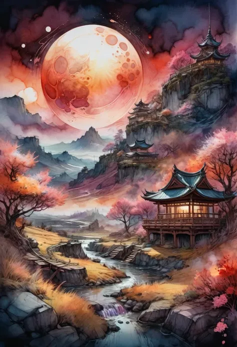 watercolor landscape, bloodmoon watercolor vibrant colors, landscape, bloodmoon digital watercolor illustration of a summerscape...