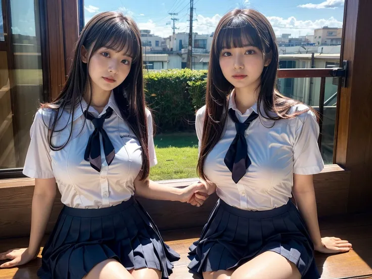 (RAW photo, 4k, masterpiece, high resolution, extremely complex) (realistic: 1.4), cinematic lighting
 ((2 girls, 2 schoolgirls)),Slam Dunks,blushing,((innocent)),bright eyes,round eyes,blunt bangs,(straight hair:1.3),black hair,large breasts,wide hips,Sum...