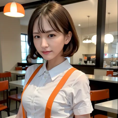 There is a woman standing in a restaurant, ( waitress ) girl, sakimichan, sakimichan hdri, Work clothes, Yoshitomo Nara, Short hair, White waist apron and undershirt, Chiho, Takano Aya color style, Shot on Sony Alpha 9, Smooth white tight clothing suit