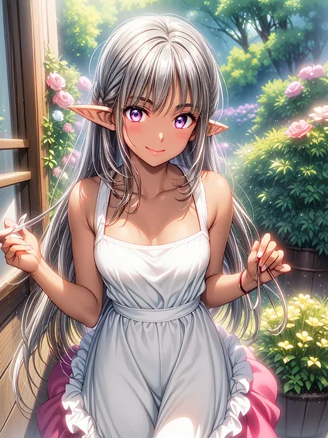 Elf Woman, Tanned brown skin, ((Beautiful silver hair)), Tie your hair back, Pointy Ears, Beautiful golden eyes, Pink lip gloss、kitchen、 Wearing a frilly apron, Long skirt, Looking at the audience, Embarrassed face, smile, Depiction of only the upper body