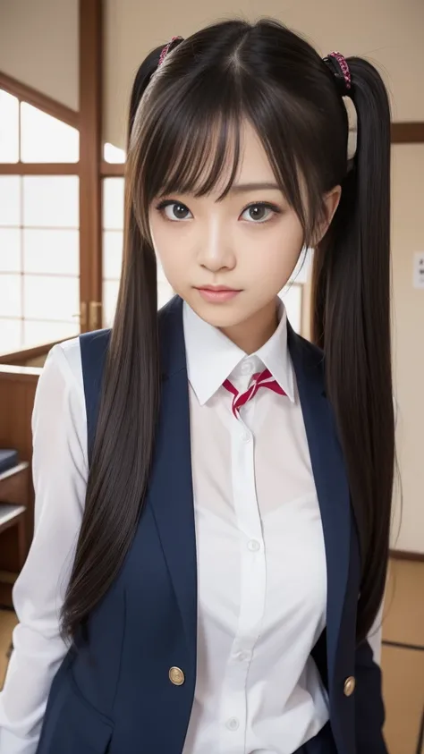 (8k, Ultra-high resolution, highest quality, Tabletop:1.2)、(Natural skin texture、Fine skin、Hyperrealism、Ultra Sharpness)、Intricate details、Depth of written border、Japanese Idols 、Photo of a girl in a uniform blazer, Two beautiful Japanese Girls、 16 years、O...