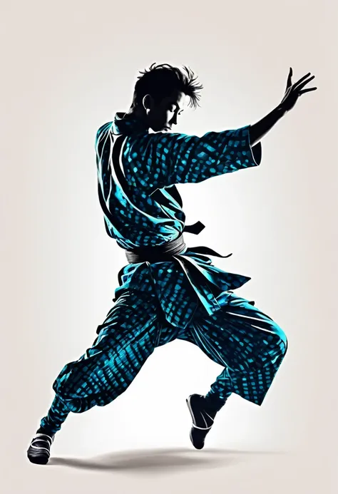 popart,Two-tone illustration,Dance,Artistic jump,break dance,Strenuous movements,vibrancy,solo,Dancing Samurai boy Silhouette,(ronin clothes),dynamic pose,enjoy dancing,