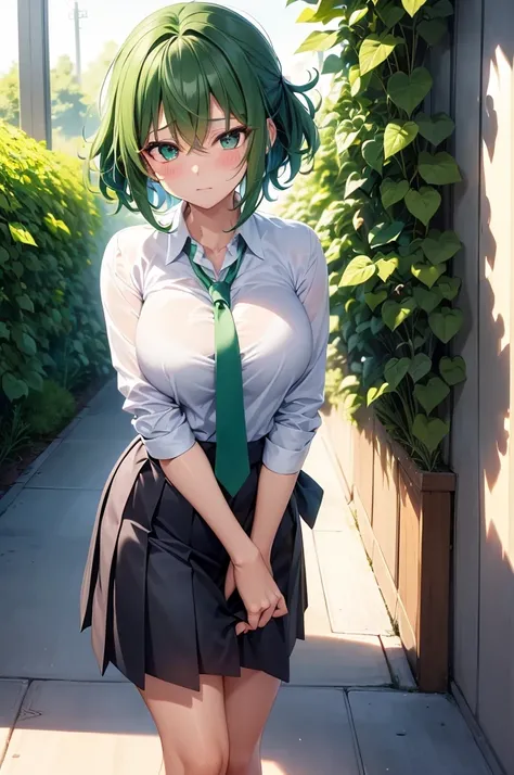 1 girl, Generate an image depicting Izuku Midoriya transformed into a female version. medium sized breast, breast 34d, cute, hot, Ensure that her beautiful green eyes and short green hair are prominently featured. Focus on her feminine body, emphasizing he...