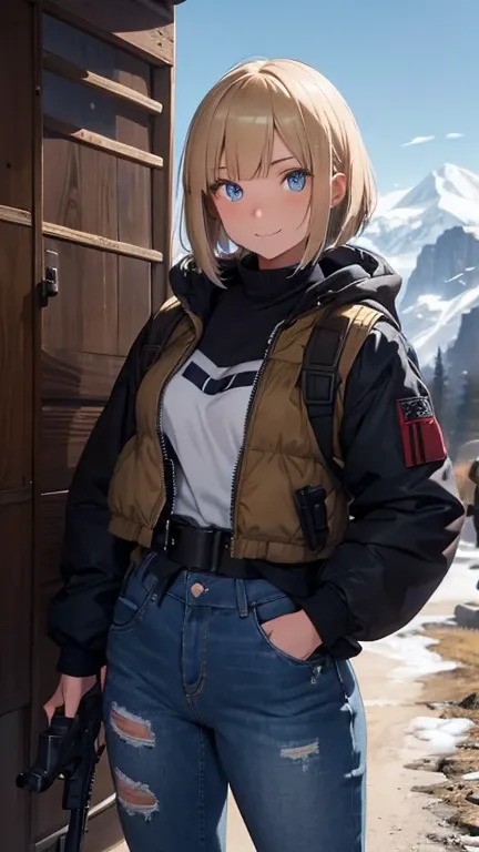 20-year-old woman, Bob cut hair, Blonde, Blue Eyes, Fur jacket, Wear the hood deeply, Natural skin texture, Cold regions, High Contrast, Mountain dogs, nice smile, uniform, M16A3, Holding a gun in your hand,Equipped with multiple magazine pouches, Bulletpr...