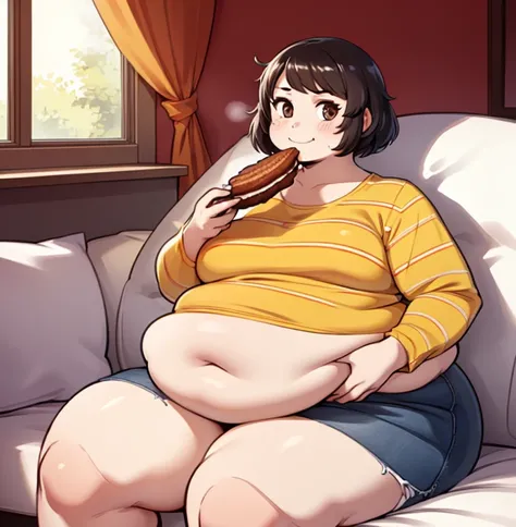 (masterpiece, best quality:1.2), 1girl, solo, looking at viewer, breasts,  sadayokawakamisweater, skirt, shirt, striped, yellow striped shirt, wide thigs, fat, big breasts, inside, sitting on sofa, sexy, feedee, fat belly, happy face, eating 