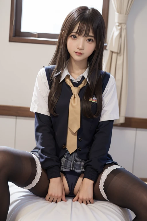 (((Schoolgirl uniform))、((Black thin pantyhoseを履いている))、((Spread your legs))、(((I can see her panties)))、Angle from the front、(masterpiece))、(highest quality) )、(High resolution)、Very detailed RAW カラー写真、Very detailed、Realistic、Realistic、Unbelievably absurd、...