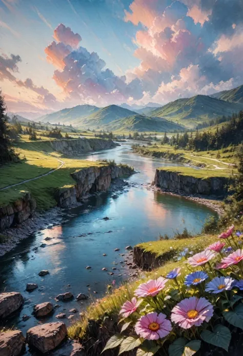 watercolor landscape, a scenic watercolor landscape, lush green hills and mountains, flowing river with rocks, colorful wildflow...