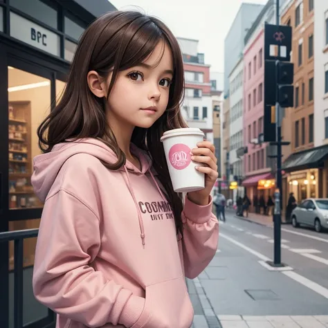 A digital illustration of a cute, young girl with long, brown hair wearing a pink hoodie and holding a cup of coffee.