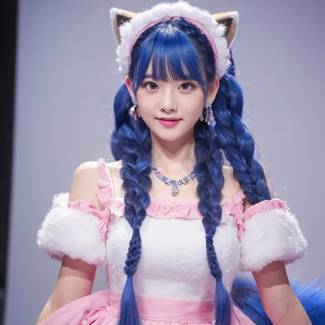 masterpiece, best quality, high resolution, (White background: 1.4), [flash], Looking at the audience, 1 sweet chinese girl], (long hair, Blue Hair, Wavy curls, Colorful twisted braids: 1.3, Furry fox ears, Air bangs), White off-shoulder short sleeves, Exq...