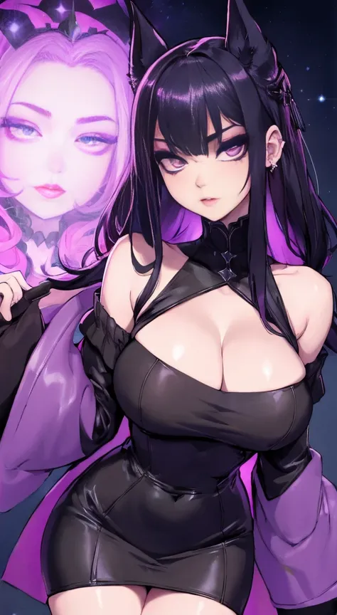 4K ultra - clear、best quality, masterpiece, Ultra-high resolution, (Reality: 1.4),  16 year old girl, Purple Eyes, Off-the-shoulder sweater dress, movie lighting、purple and black hair、(My girl、Gothic Makeup、My cosmetics)、(Ear piercing、Large Breasts、Oversiz...