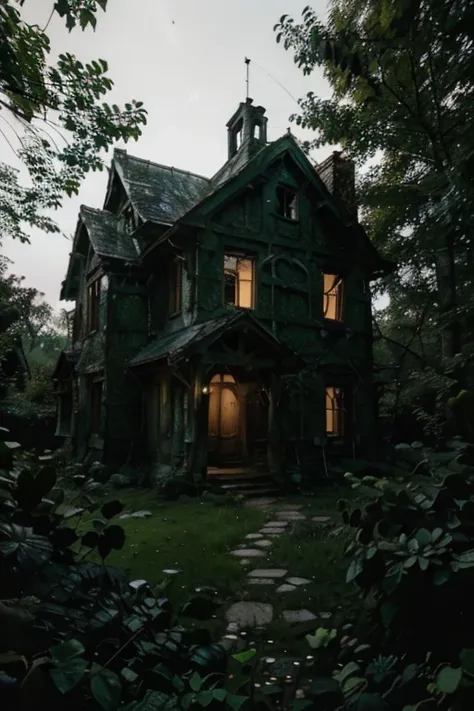 a haunted, ancient house stands deep within silent forest, surrounded by towering, shadowy trees. the forest is eerily quiet, wi...