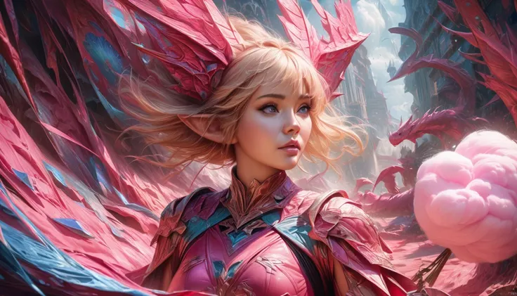 (Cryptic Force)(Extreme complexity, two subjects)(subject 1: cryptic girl, blonde, high tech suit) (subject 2: elf companion, high fantasy regal outfit, very big eyes and ears) battling a (cotton candy pink) dragon, blue prairie, ethereal, fantasy, magical...