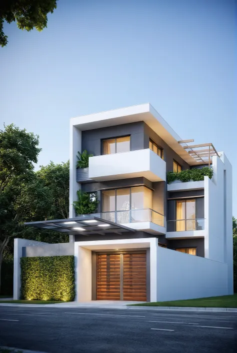 (modern villa facade design), (modern villa design exterior), (white wall), (light illuminates the designer's facade), (dawn sun...