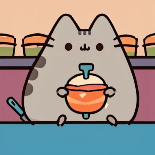 orange pusheen playing with spatula in the kitchen.