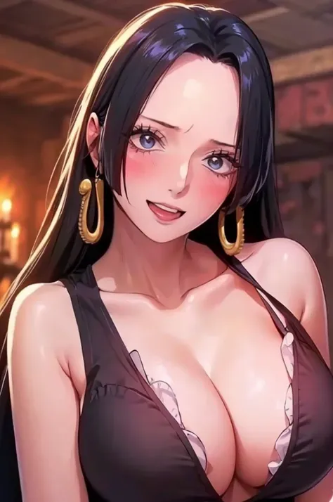 best quality, masterpiece, highly detailed,1girl, Boa Hancock, , (masterpiece:1.5), Detailed Photo, Smiling, Sexy, (8K, Best Quality: 1.4), (1girl), Beautiful Face, (anime realistic Face), (Black Hair, long Hair: 1.3), Beautiful Hairstyle, Realistic eyes, ...