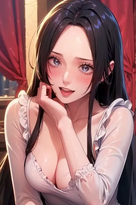 best quality, masterpiece, highly detailed,1girl, Boa Hancock, , (masterpiece:1.5), Detailed Photo, Smiling, Sexy, (8K, Best Quality: 1.4), (1girl), Beautiful Face, (anime realistic Face), (Black Hair, long Hair: 1.3), Beautiful Hairstyle, Realistic eyes, ...