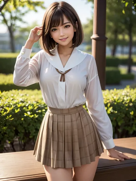 (highest quality, 4k, 8K, High resolution, Tabletop:1.2), Full Body Shot. Super detailed, Realistic:1.37, Light brown hair, Short Bob Hair, Asymmetrical bangs, Mature Woman, high school girl, Sailor suit, Green and brown checkered micro mini pleated skirt,...