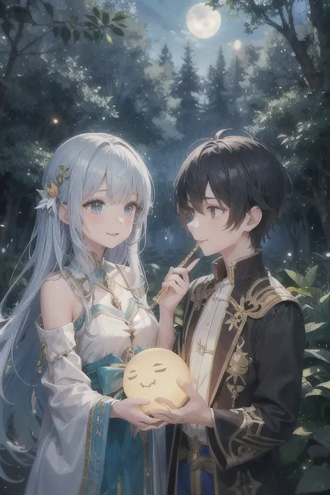 a vibrant and magical forest scene comes to life. Two anime-style characters are featured: a boy with starry eyes playing a mystical flute, and a girl with a radiant smile, enjoying and listening to the music (the girl is just listening not playing the flu...