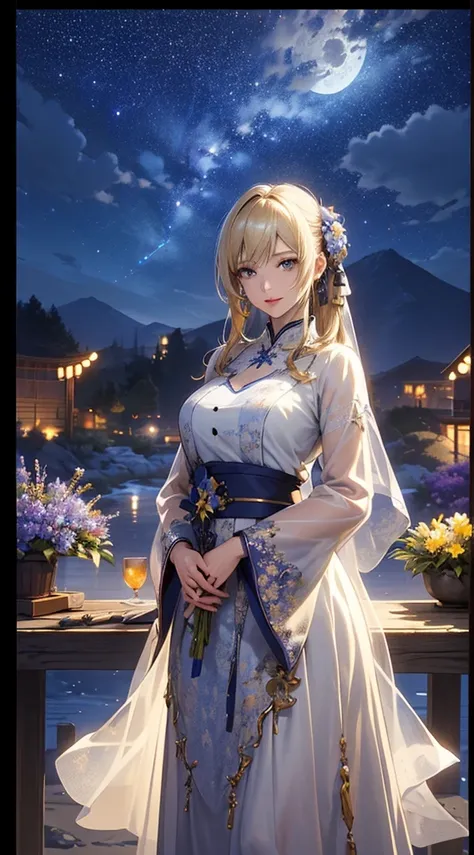 masterpiece, high quality, 4K, Beautiful design, silhouette，blonde， 非常に詳細な夜のStarry Sky,Flower Field， wonderful, Finer details,  Very knowledgeable woman, Highly detailed solo, 1 female,Big Breasts， White Dress，Night view，Starry Sky，full moon，