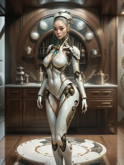 Porcelain female robot, towering and slender in form, adorned with intricate craftsmanship, methodically places a vibrant array of dish into a pristine white bowl, the entirety of this scene depicting an immaculate white kitchen serving as its frame, ultra...