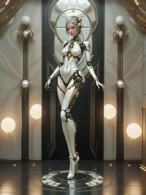 Porcelain female robot, towering and slender in form, adorned with intricate craftsmanship, methodically places a vibrant array of dish into a pristine white bowl, the entirety of this scene depicting an immaculate white kitchen serving as its frame, ultra...