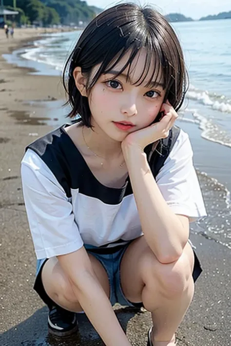 highest quality,RAW Photos  , 19 year old Japanese female idol, Face close-up ,From above , Leaning forward, squat,  , Knee-high , underwear ,short hair, Bowl Cut ,Cute Face  ,Edgy,Drooping  ,Wet , At the Beach, rain,