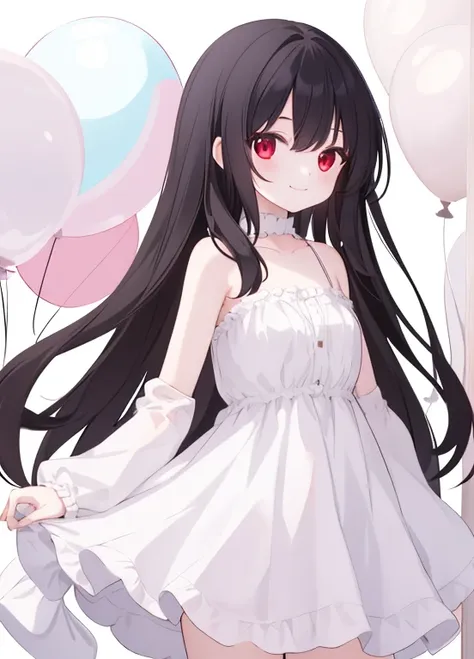 1 girl,solitary,black hair,red eyes,long hair,(child, child:1),
white dress,bare shoulders,clavicle,
smile,
cowboy shooting,
whi...