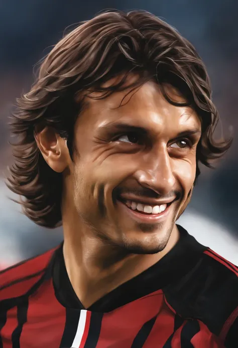 Close-up face portrait of a Paolo Maldini with smiling expressions,Ac Milan jersey, soft smooth skin, Fantastic Big Eyes, beautiful intricate, Symmetrical medium color hair, Keep your eyes open for anime, Soft lighting, Detailed face, By Makoto Shinkai, St...