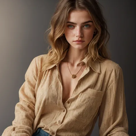 a photo of a seductive woman with loose styled golden hair,breast, 16 years old,posing in photo studio, she is wearing Button-up Shirt and Trousers, intricate details, goosebumps, flawless face, (light freckles:0.9), ((photorealistic):1.1), (raw, 8k:1.2), ...