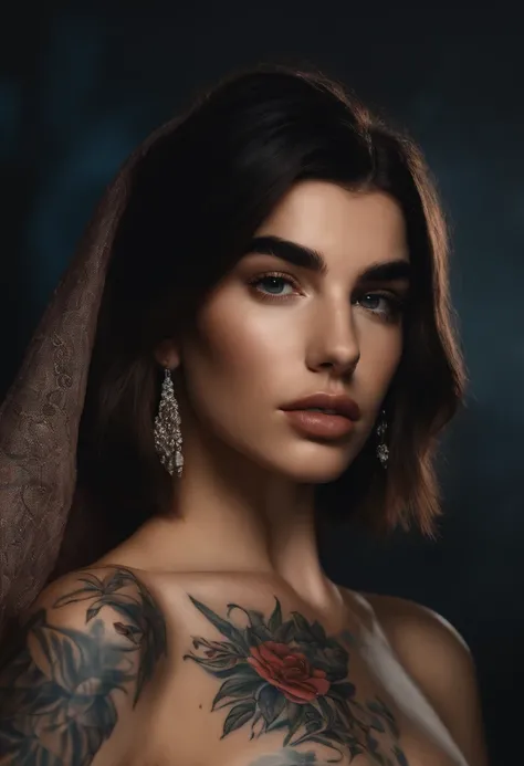 Tattooed girl dua lipa, very beautiful, meurtrier, bel homme, trahison, romantic, background dark, 8k, Dynamic wallpaper, very delicate, very dense, erotic, explicit