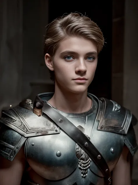 Portrait, 1boy, 20 years old, armor, warrior, ancient Rome, handsome, Greek model, blonde boy, blue eyes, symmetrical, focus on the boy, medium shot, looking at the camera, film grain, young god greek, beauty, pose, super model, young god greek beauty, rep...