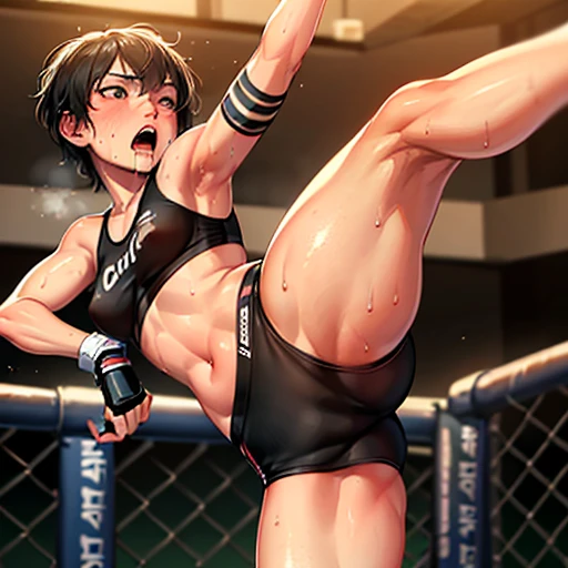 two persons. Drenched in sweat and covered in bruises, she is in a mixed martial arts ring against a female fighter. her opponent strong female fighter is kicking into her poor belly. One eye closed and mouth open, she is gasping for breath and drooling. S...