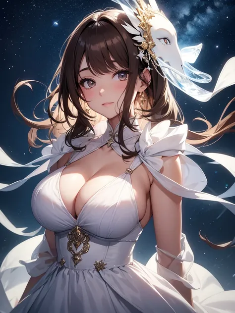 Beautiful woman
　Beautiful dress glass　Doctor mask😷white mouth mask
　Light　黒Brown Hair　smile　　Masterpiece Night　Starry Sky　Magic extremely beautiful 22歳　Big Breasts Beautiful Eyeagical gentle lighting    涙　cowboy shot